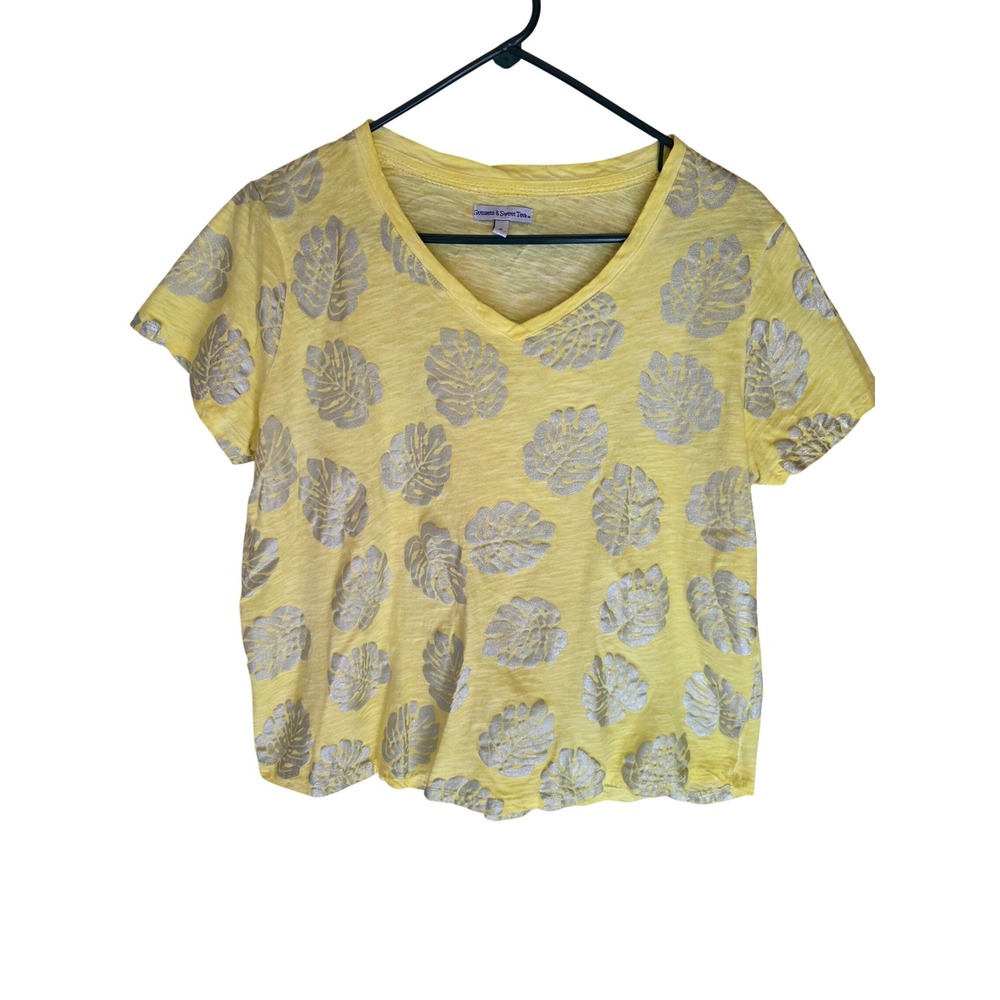 Sunsets & Sweet Tea Womens XL Yellow Silver Metallic‎ Leaf V-Neck T-Shirt Summer